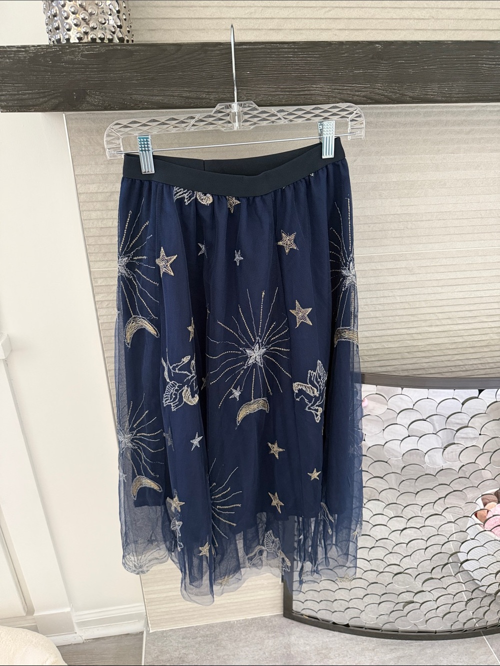 Chicwish Navy Tulle Midi Skirt with Celestial Embroidery